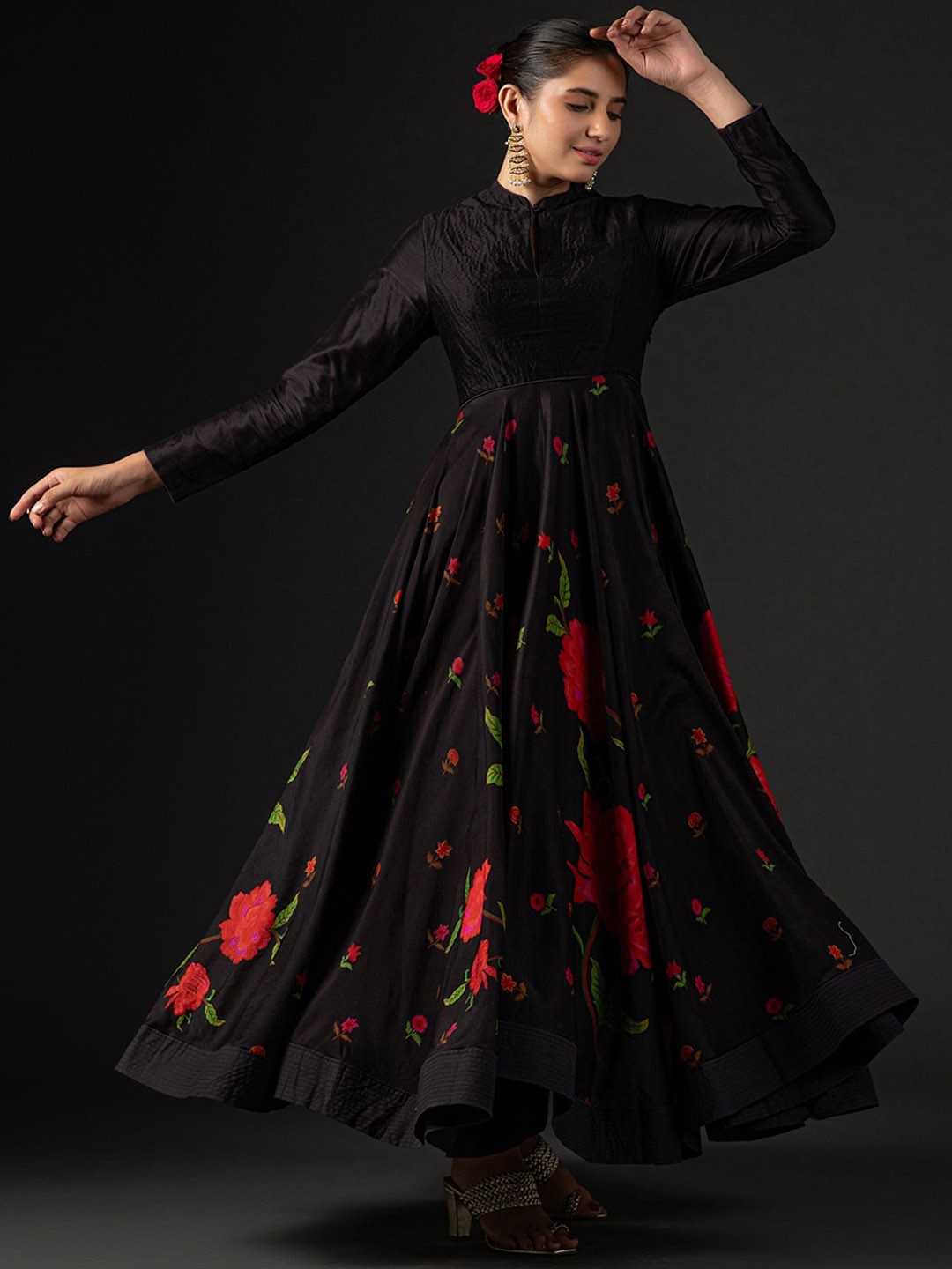 

Biba by Rohit Bal Floral Printed Mandarin Collar Anarkali Kurta with Churidar & Dupatta, Black