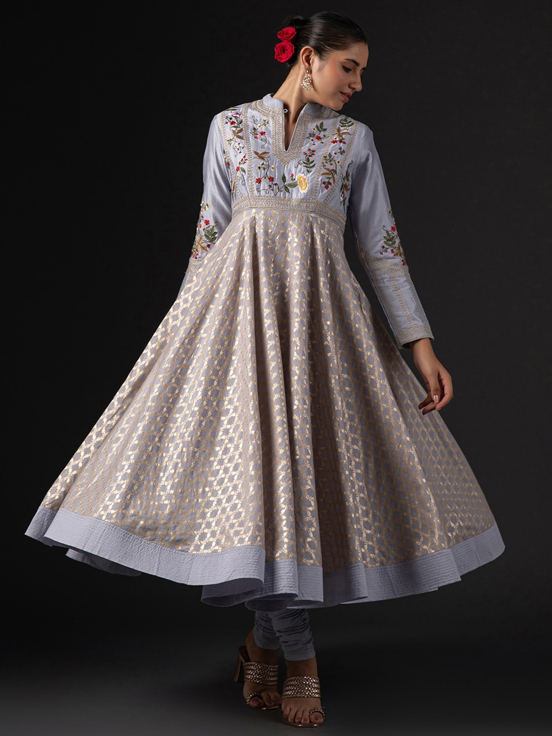 

Biba by Rohit Bal Ethnic Motifs Printed Anarkali Thread Work Kurta with Churidar & Dupatta, Blue