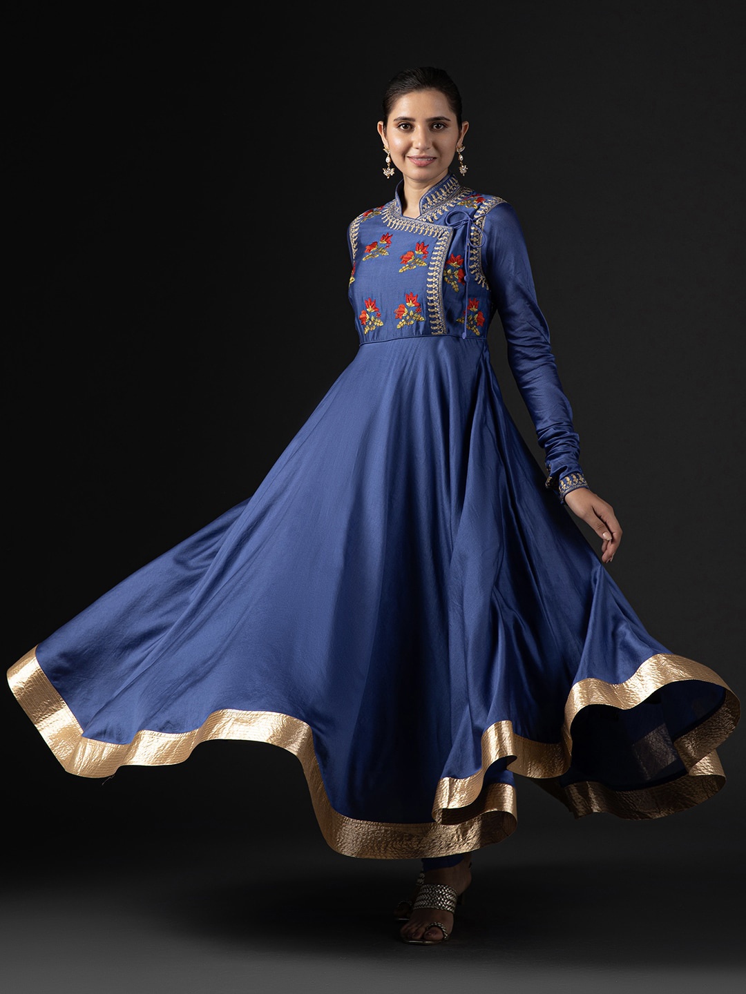 

Biba by Rohit Bal Floral Embroidered Anarkali Kurta with Churidar & Dupatta, Blue