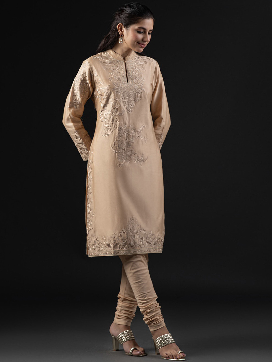 

Biba by Rohit Bal Floral Embroidered Straight Kurta with Churidar & Dupatta, Beige