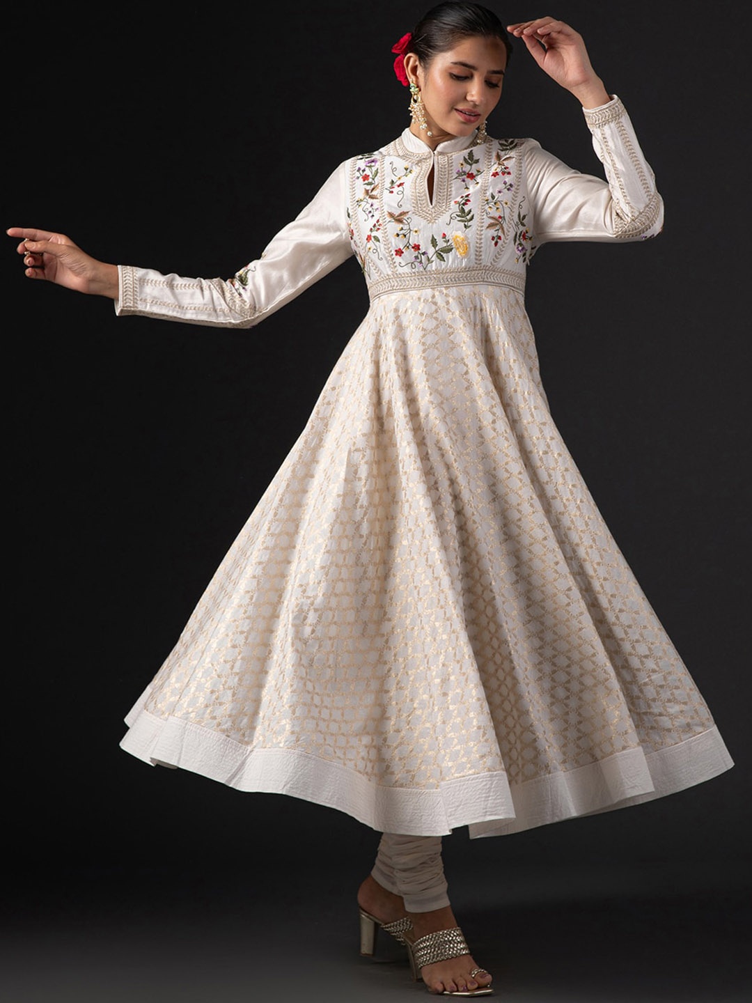 

Biba by Rohit Bal Ethnic Motifs Embroidered Anarkali Kurta with Churidar & With Dupatta, Off white