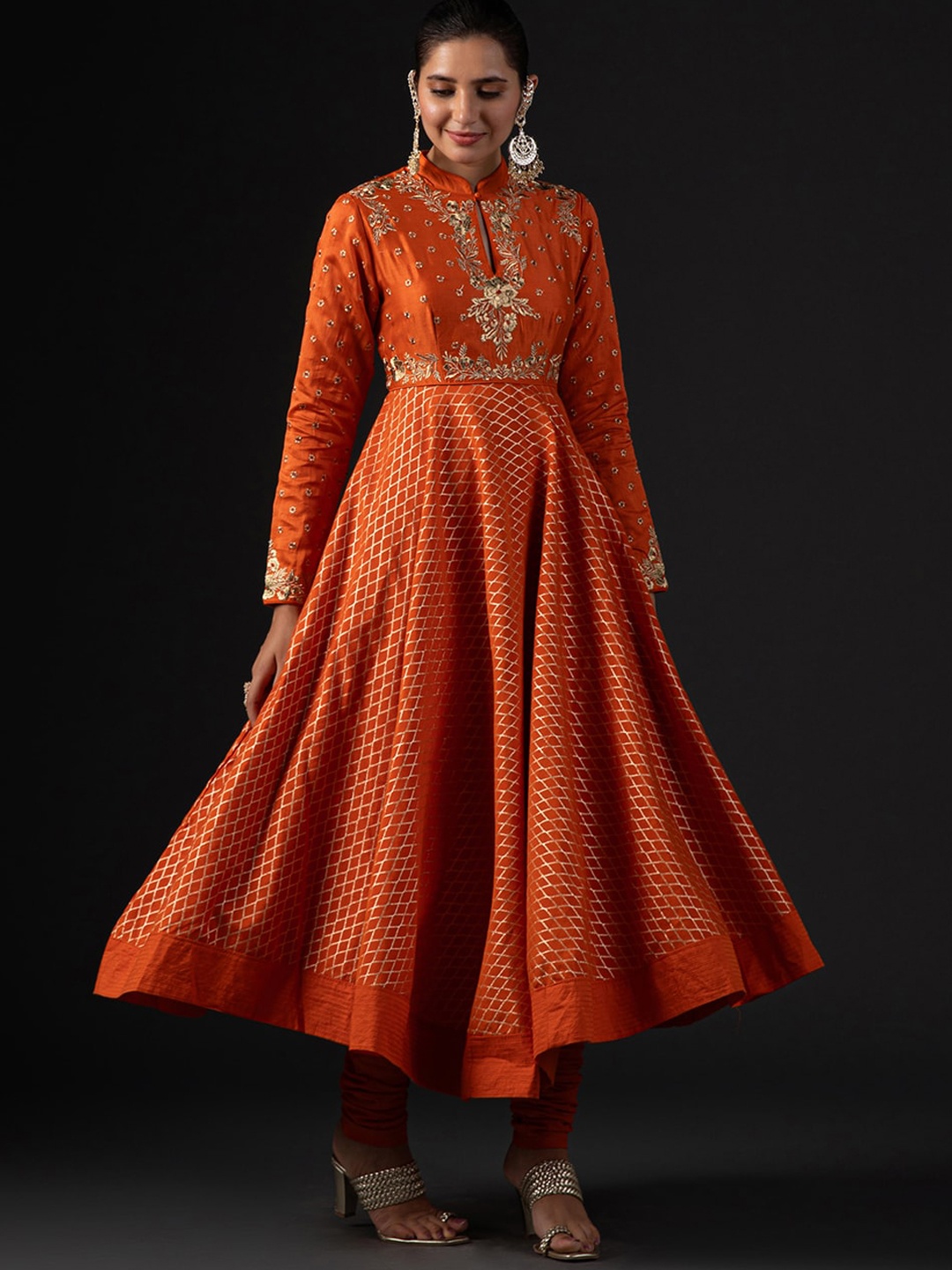 

Biba by Rohit Bal Ethnic Motifs Embroidered Anarkali Kurta with Churidar & With Dupatta, Orange