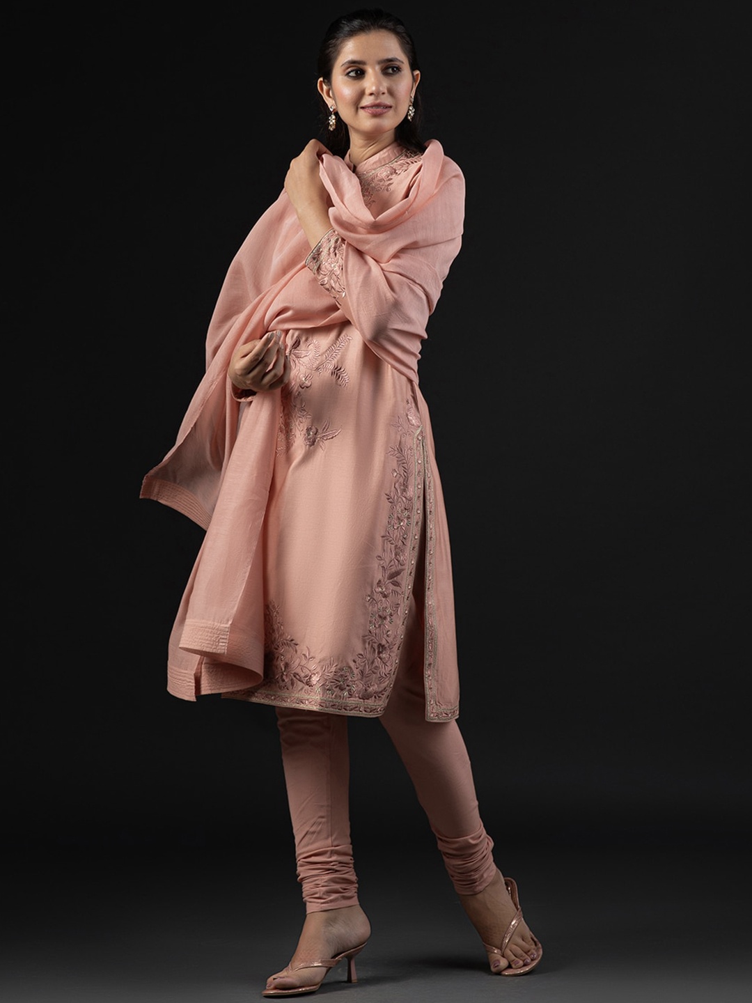 

Biba Floral Embroidered Regular Kurta with Churidar & With Dupatta, Pink