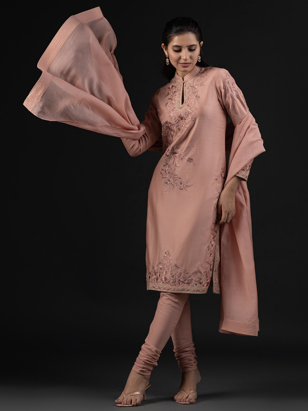 

Biba by Rohit Bal Floral Embroidered Regular Kurta with Churidar & With Dupatta, Pink