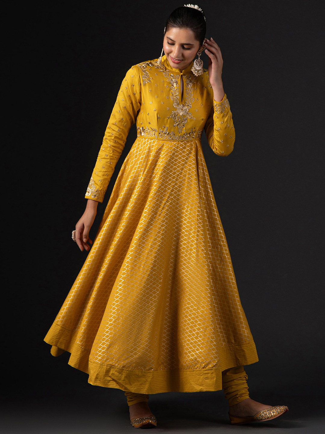 

Biba by Rohit Bal Ethnic Motifs Embroidered Thread Work Anarkali Kurta & Churidar With Dupatta, Yellow
