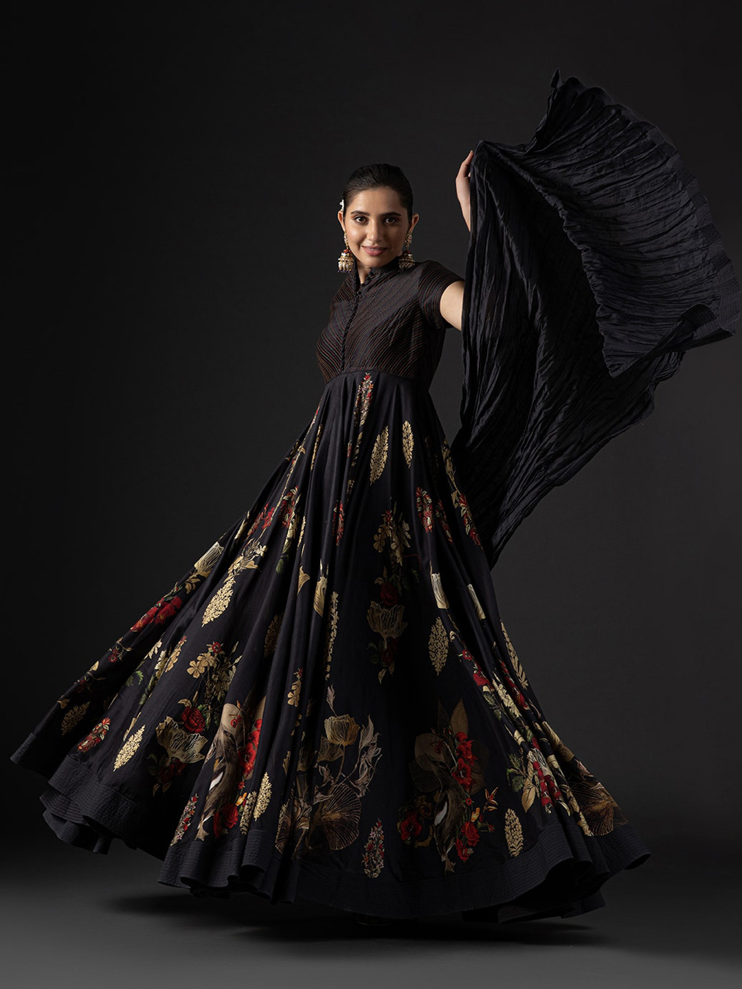 

Biba by Rohit Bal Floral Printed Mandarin Collar Embroidered Detail Ethnic Dresses With Dupatta, Black