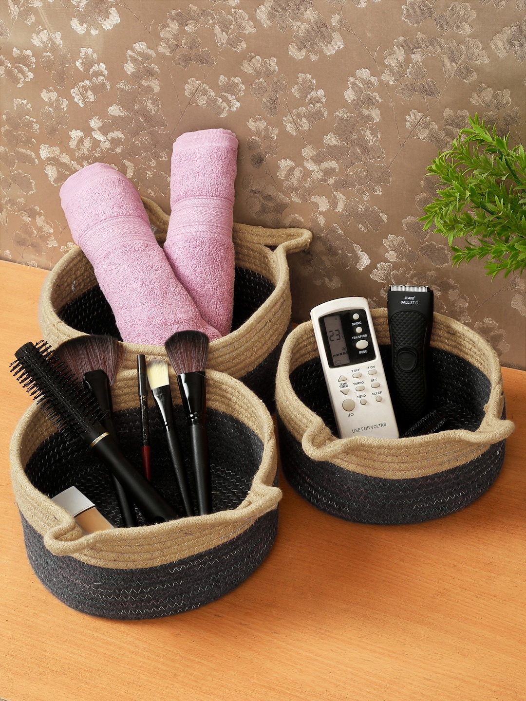 

FABINALIV Black & Beige 3 Pieces Striped Multipurpose Organisers