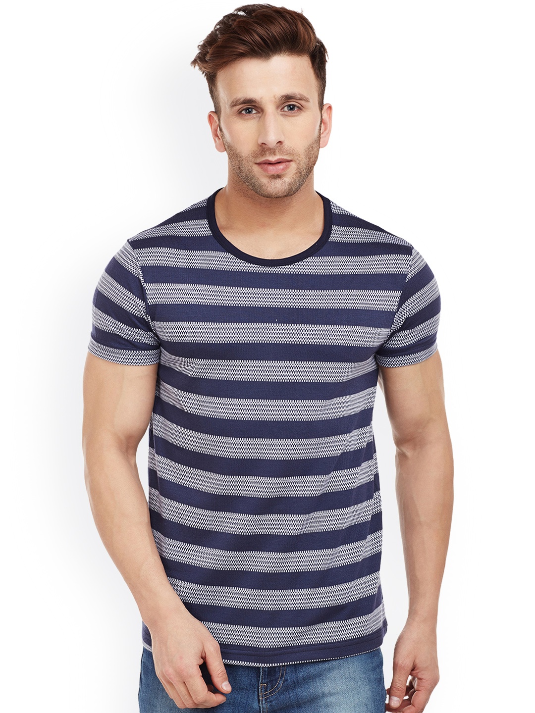 

MACK Men Navy Blue Striped Round Neck T-shirt