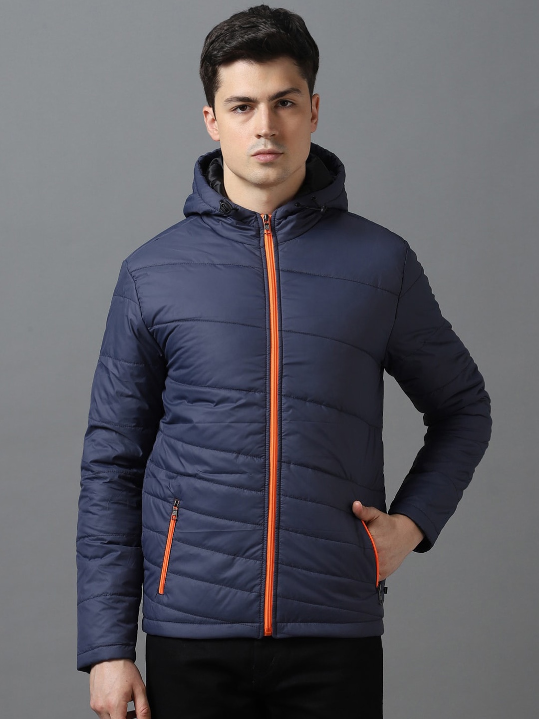 

Urbano Fashion Full Sleeve Zippered Hooded Neck Puffer Jacket, Navy blue