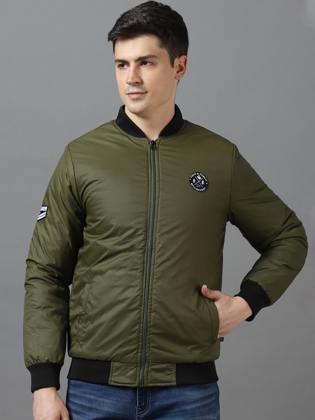 

Urbano Fashion Men Solid Applique Bomber Jacket, Green