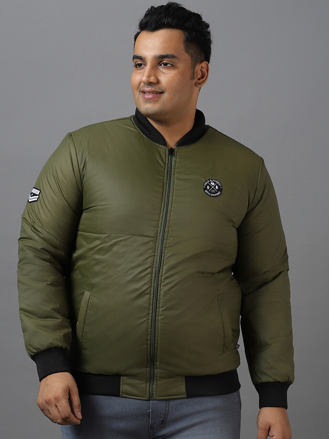 

Urbano Plus Full Sleeve Zippered Bomber Jacket, Green