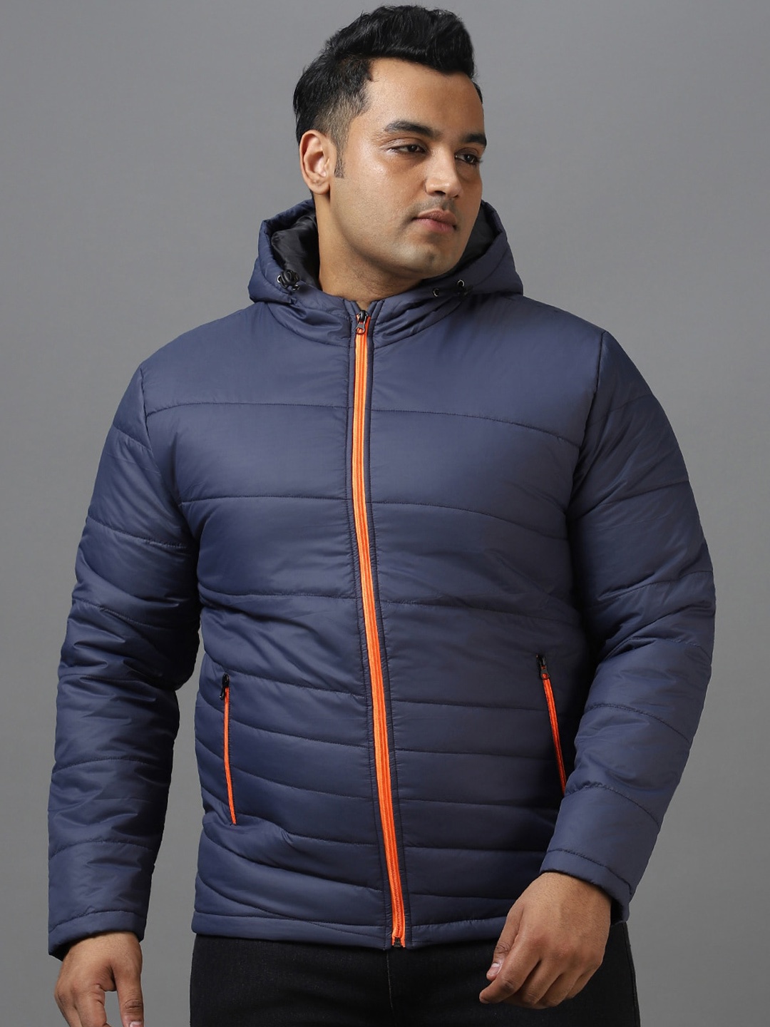 

Urbano Plus Size Full Sleeve Zippered Hooded Neck Puffer Jacket, Navy blue
