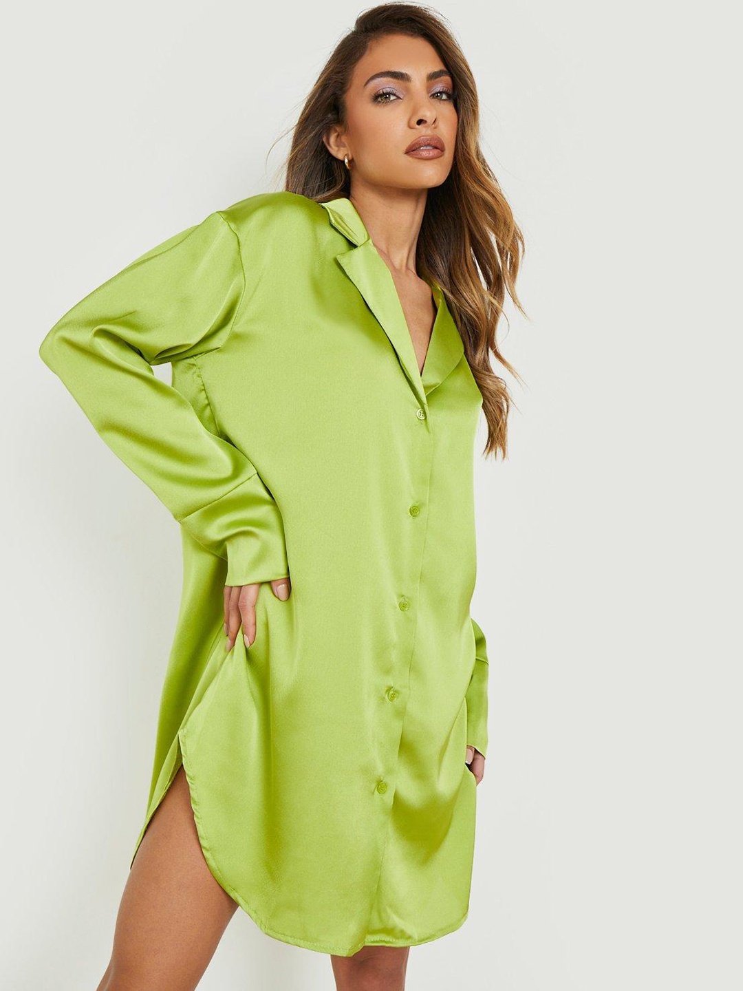 

Boohoo Oversized Satin Shirt Mini Dress, Lime green