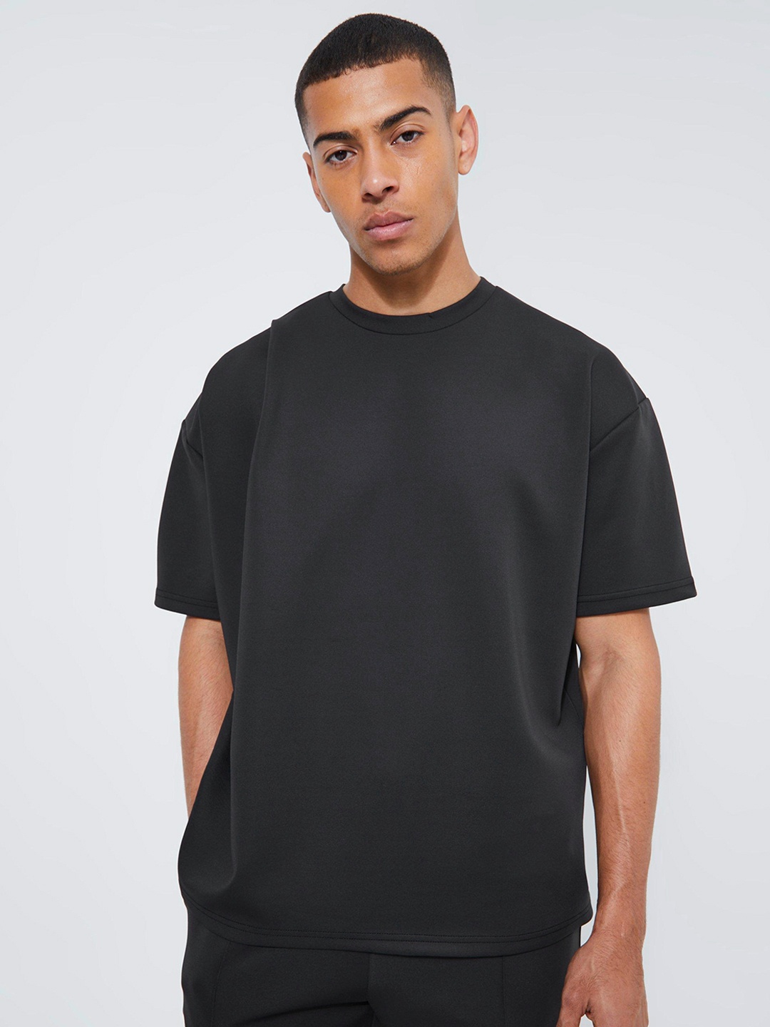 boohooMAN Round Neck Oversized Scuba T-shirt, Black