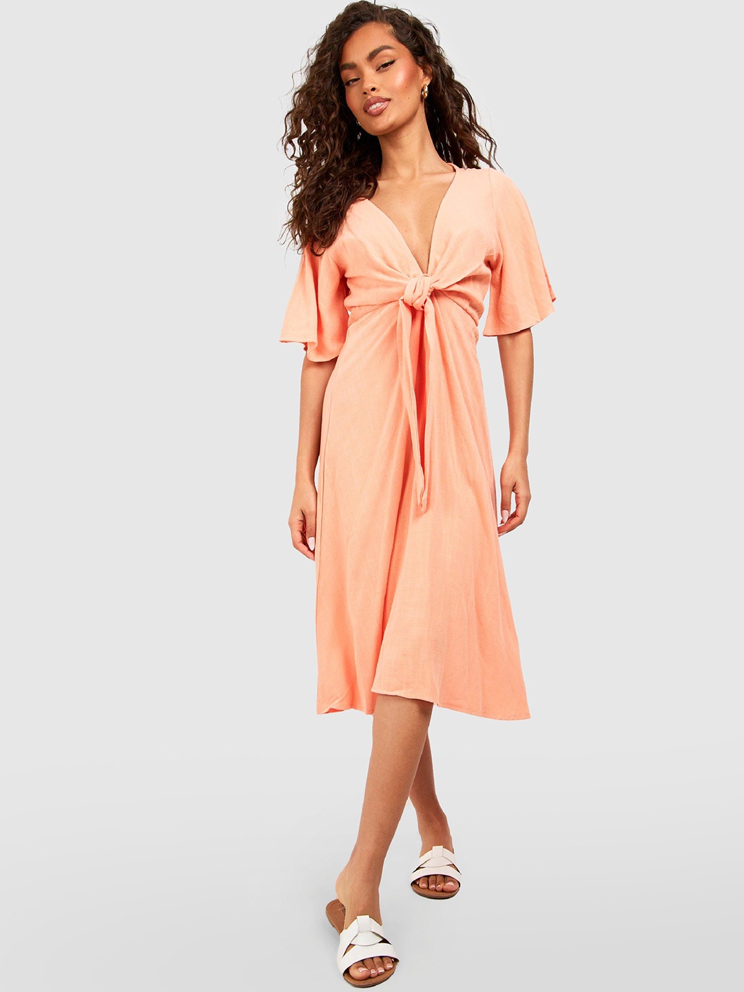 

Boohoo Tie-Up Detail Flutter Sleeve A-Line Midi Dress, Peach