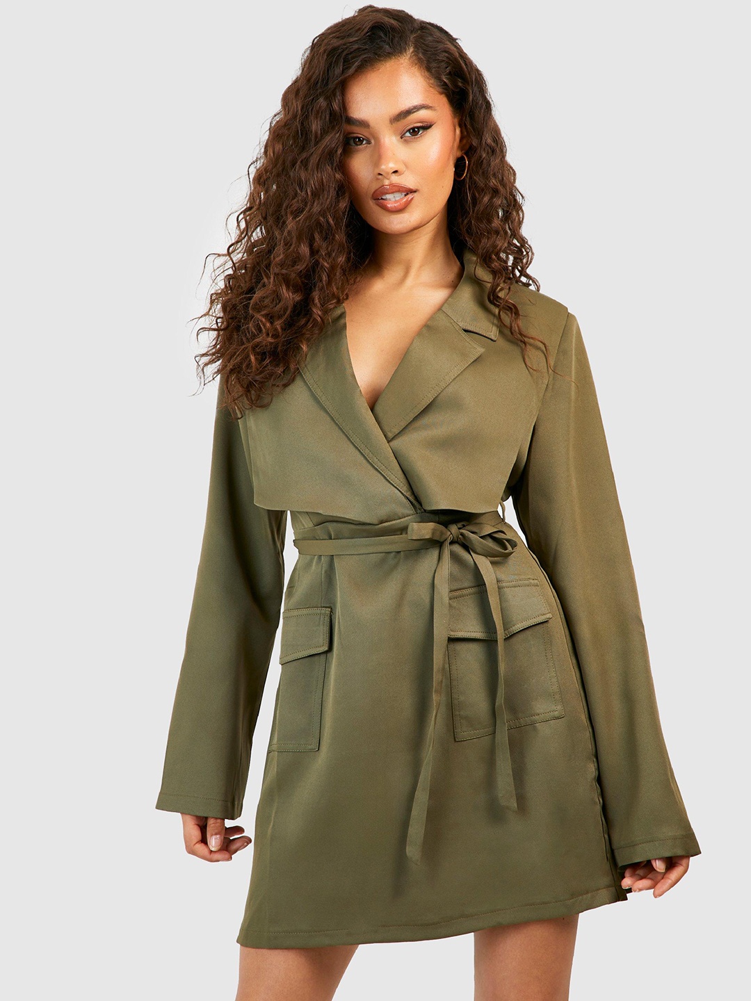 

Boohoo Tie-Up Detail Notched Lapel Collar Tailored Mini Dress, Olive