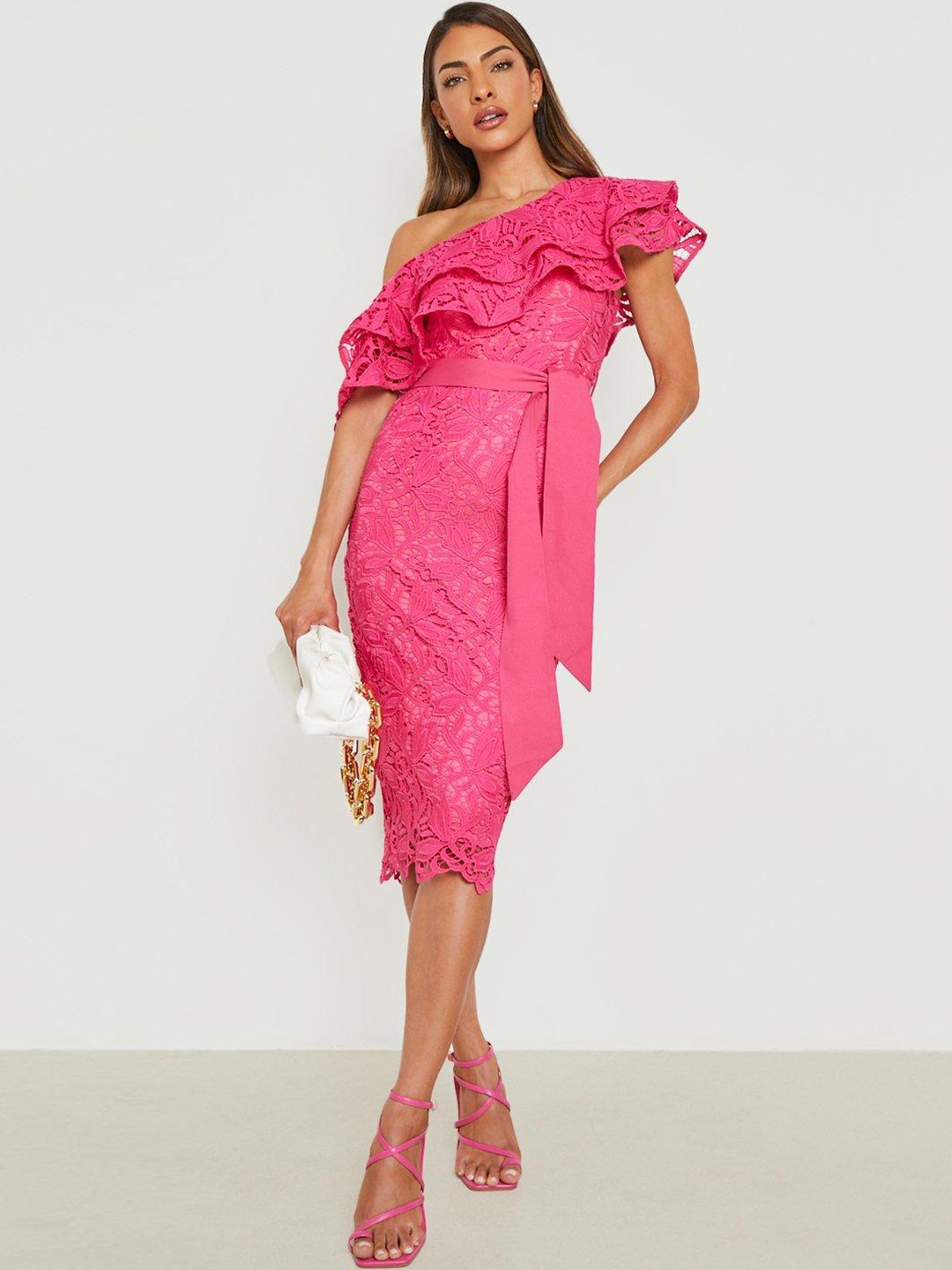 

Boohoo Asymmetric Frilled Flutter Sleeve Crochet Lace Bodycon Midi Dress, Pink