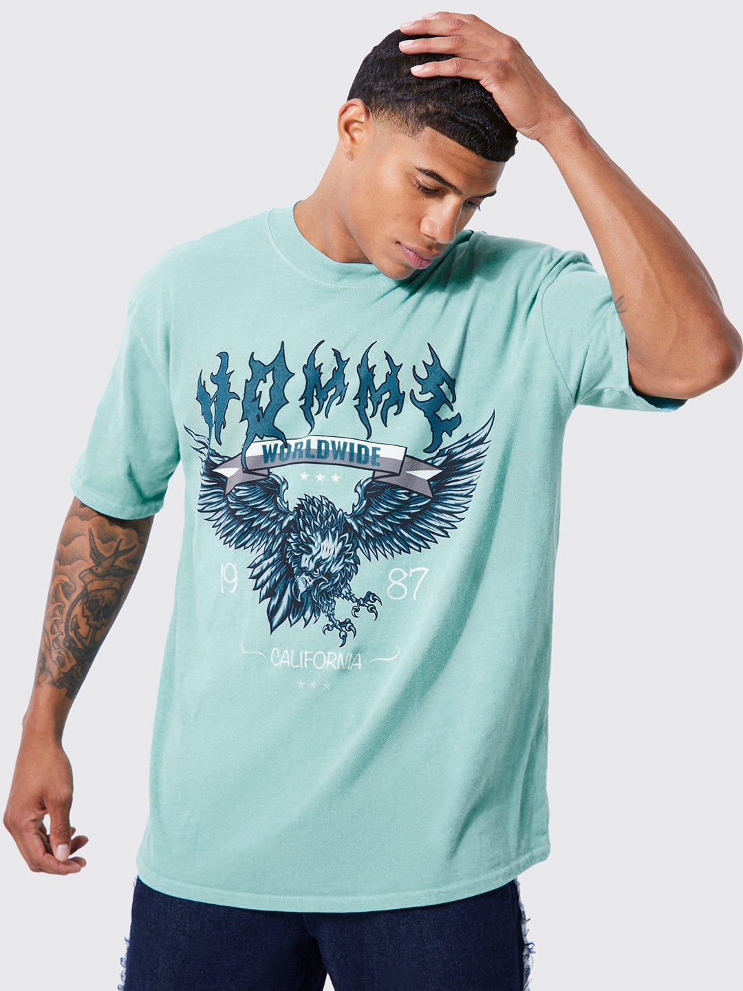 boohooMAN Pure Cotton Graphic Printed Oversized T-shirt, Blue