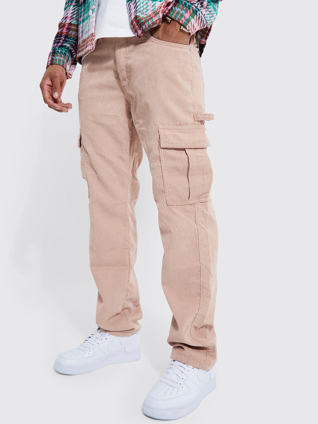 

boohooMAN Relaxed Fit Corduroy Cargos Trousers, Peach