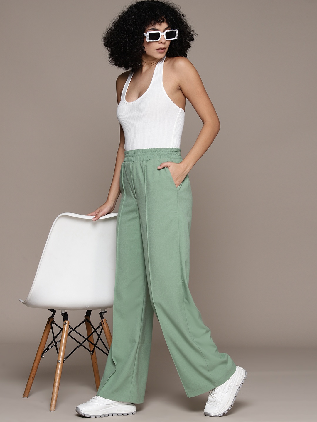 

WAREHOUSE Women Elastic Waist Wide Leg Trousers, Green