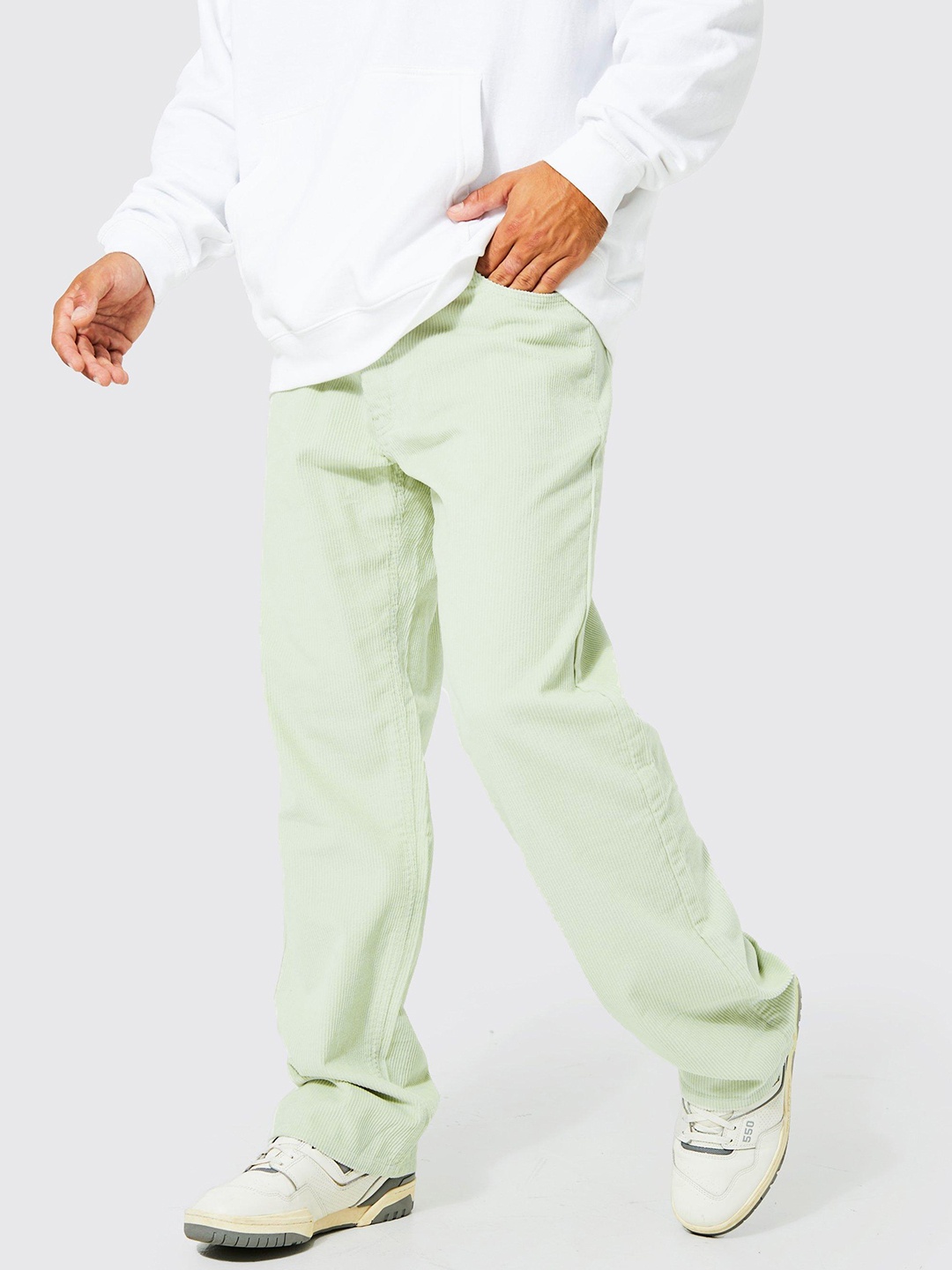 boohooMAN Regular Fit Corduroy Trousers, Green