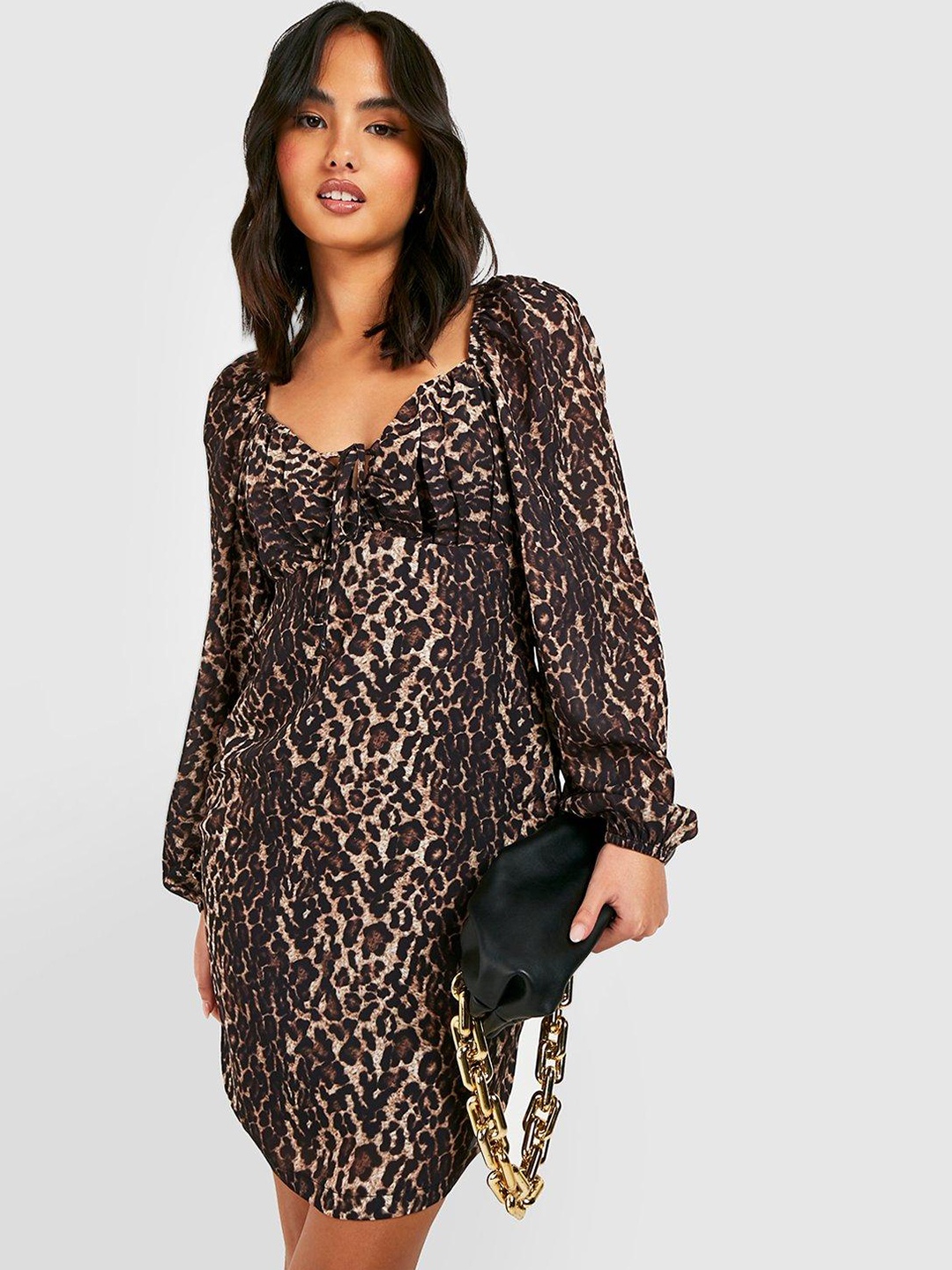 

Boohoo Leopard Print Chiffon Puff Sleeve Shift Dress, Brown