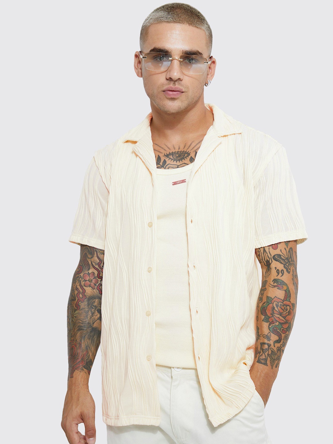 

boohooMAN Self Striped Cuban Collar Shirt, Off white