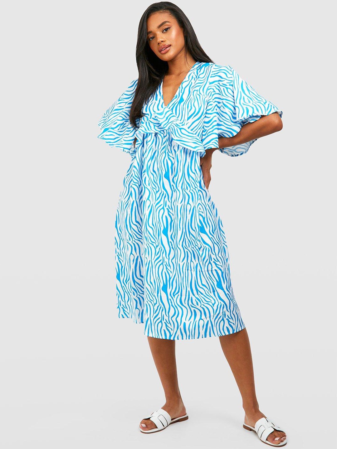 

Boohoo Leopard Print Frilled Flared Sleeve Empire Midi Dress, Blue