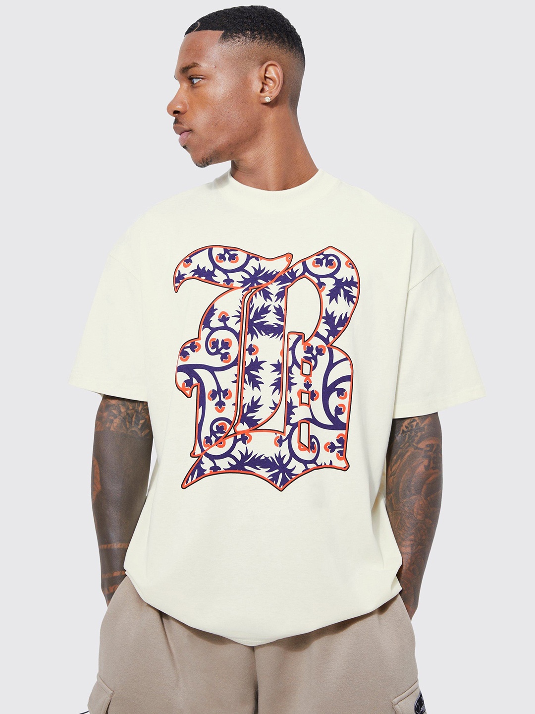 boohooMAN Typography Printed Pure Cotton Oversized T-shirt, White