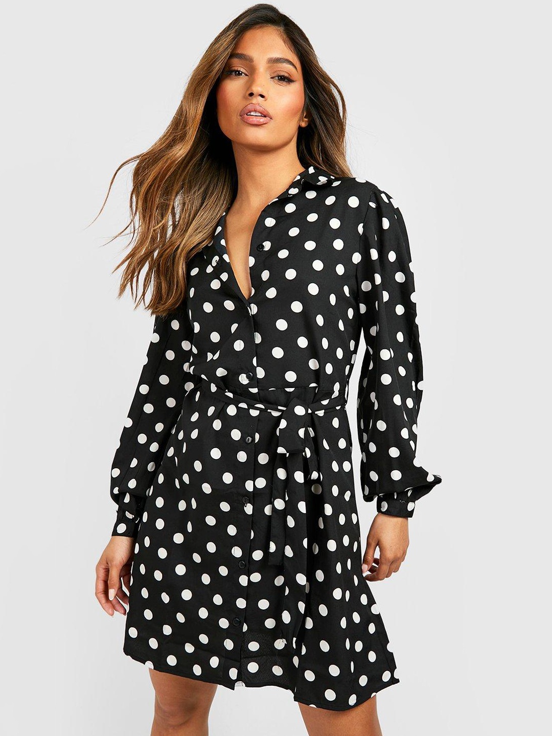 

Boohoo Polka Dot Print Shirt Mini Dress, Black