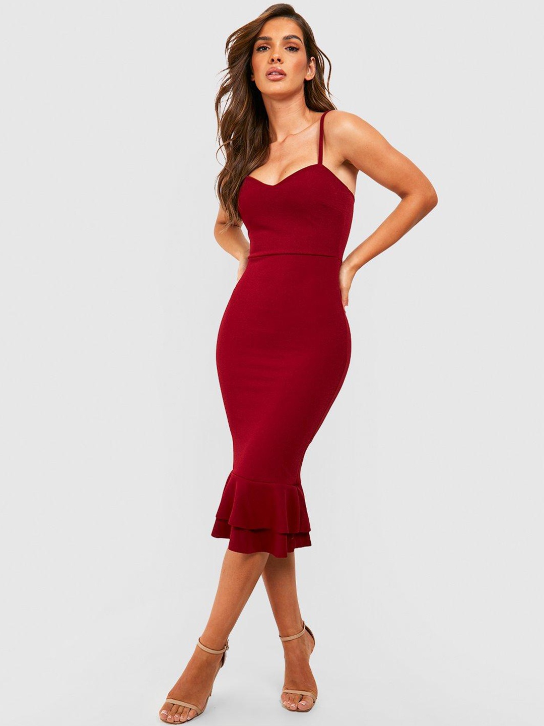 

Boohoo Frill Hem Bodycon Midi Dress, Maroon