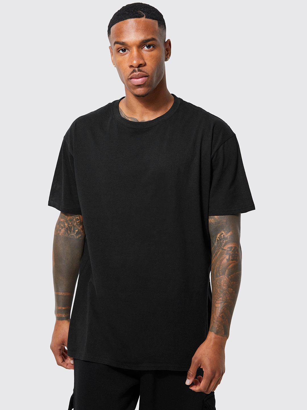 boohooMAN Typography Printed Pure Cotton Oversized T-shirt, Black
