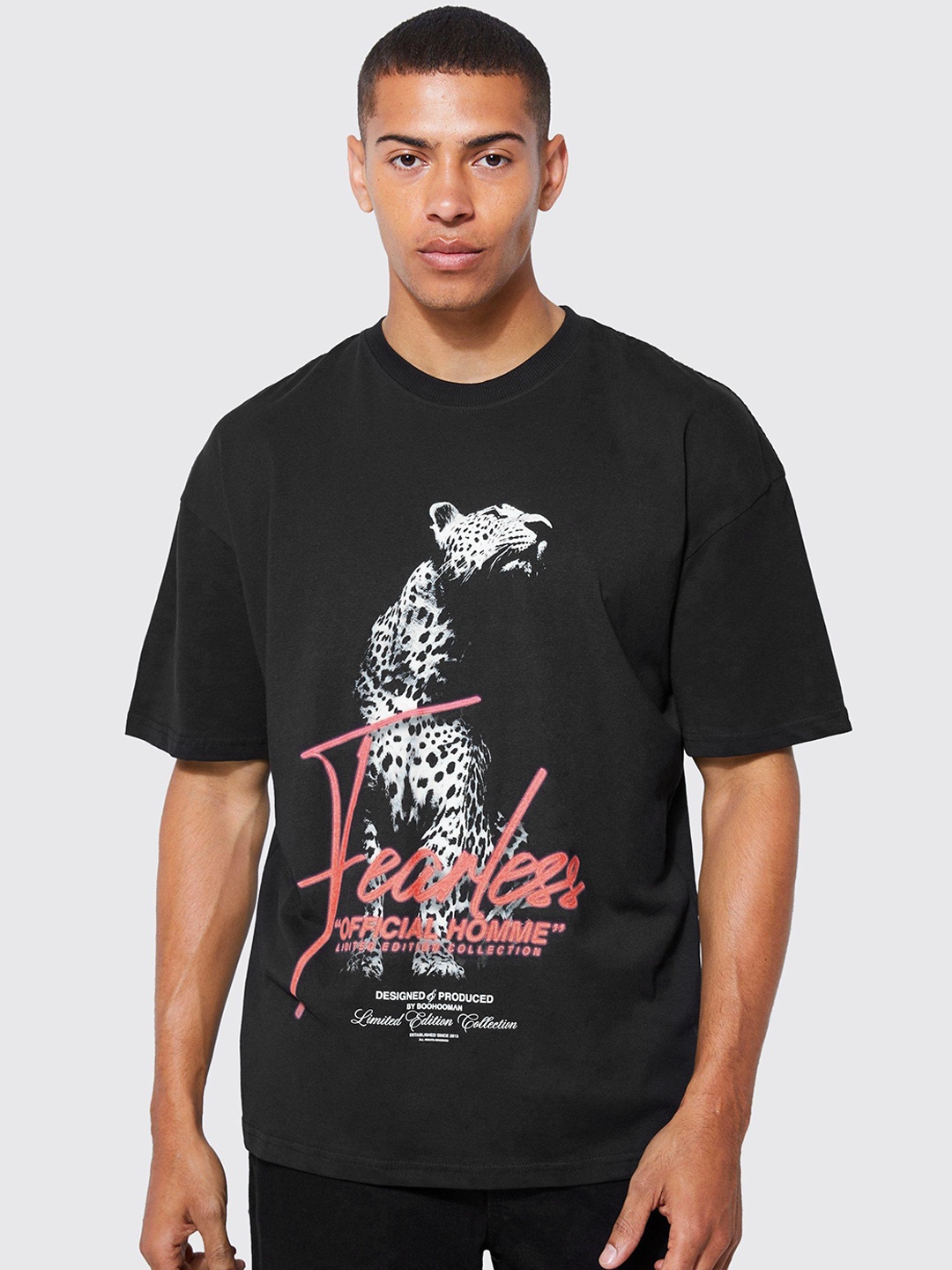 

boohooMAN Typography & Graphic Printed Pure Cotton Oversized T-shirt, Black