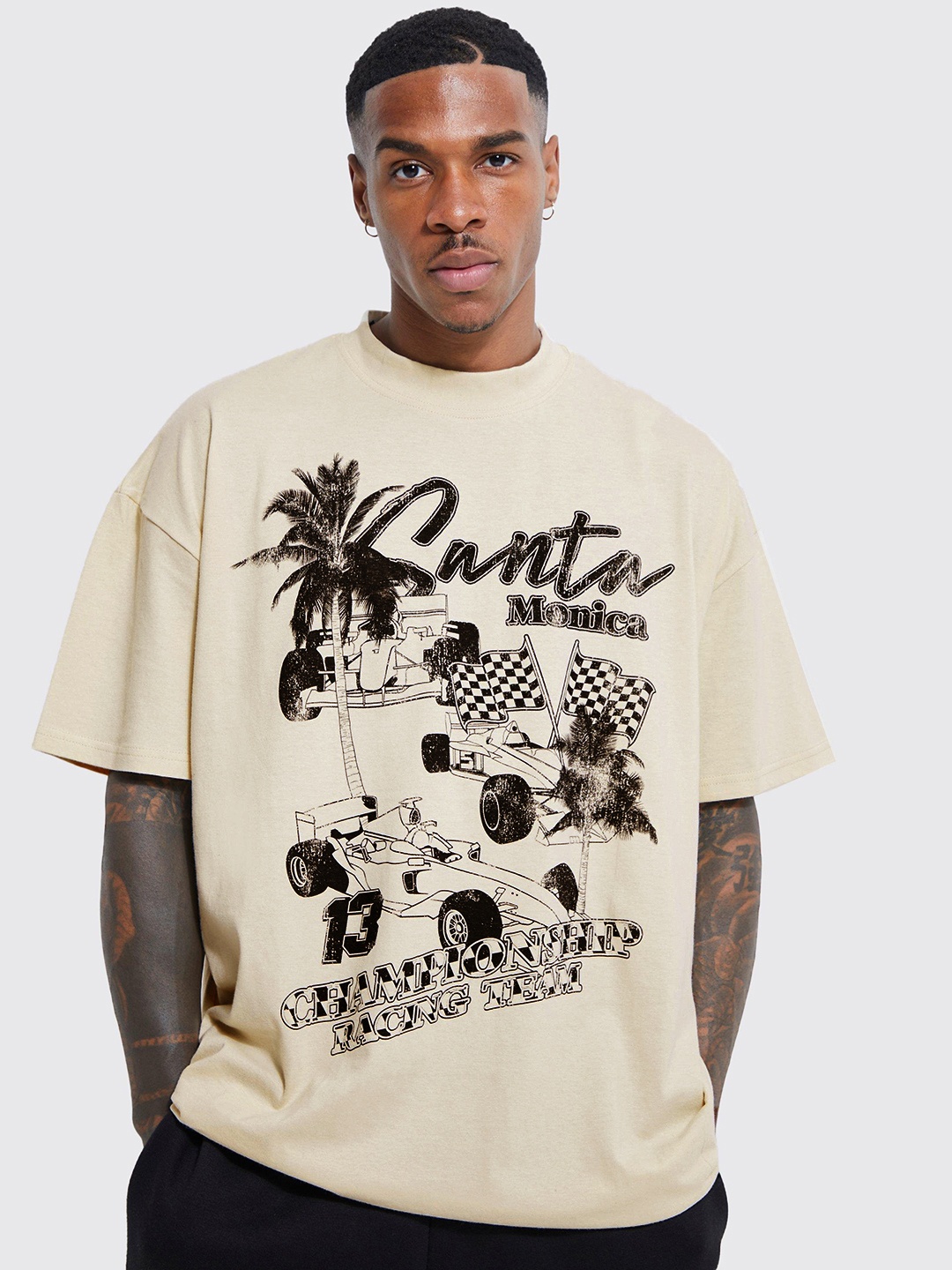 

boohooMAN Graphic & Typography Printed Pure Cotton Oversized T-shirt, Off white