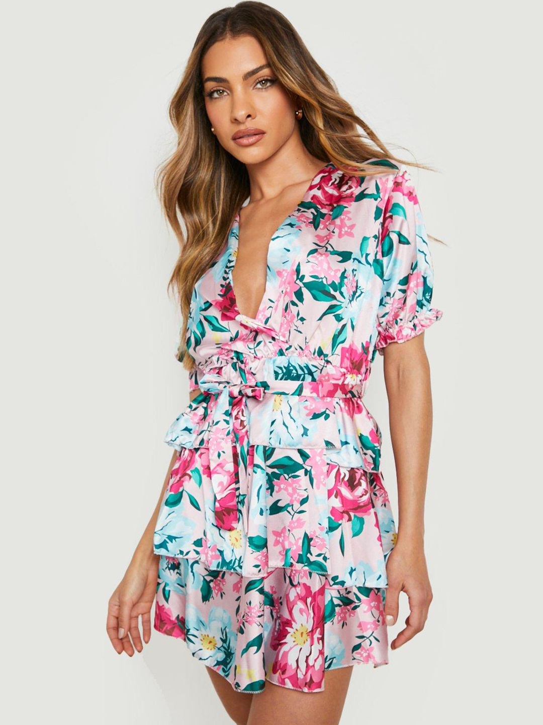 

Boohoo Floral Print Puff Sleeve Ruffled Satin Skater Mini Dress, Pink