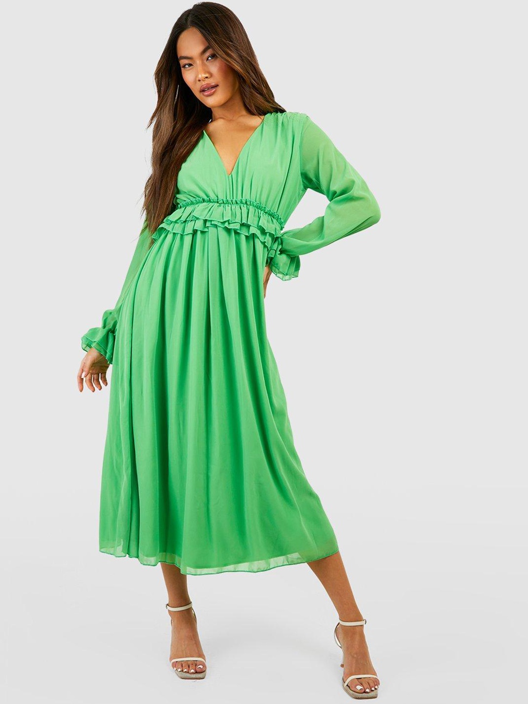 

Boohoo Bell Sleeve Ruffled Fit & Flare Midi Dress, Green