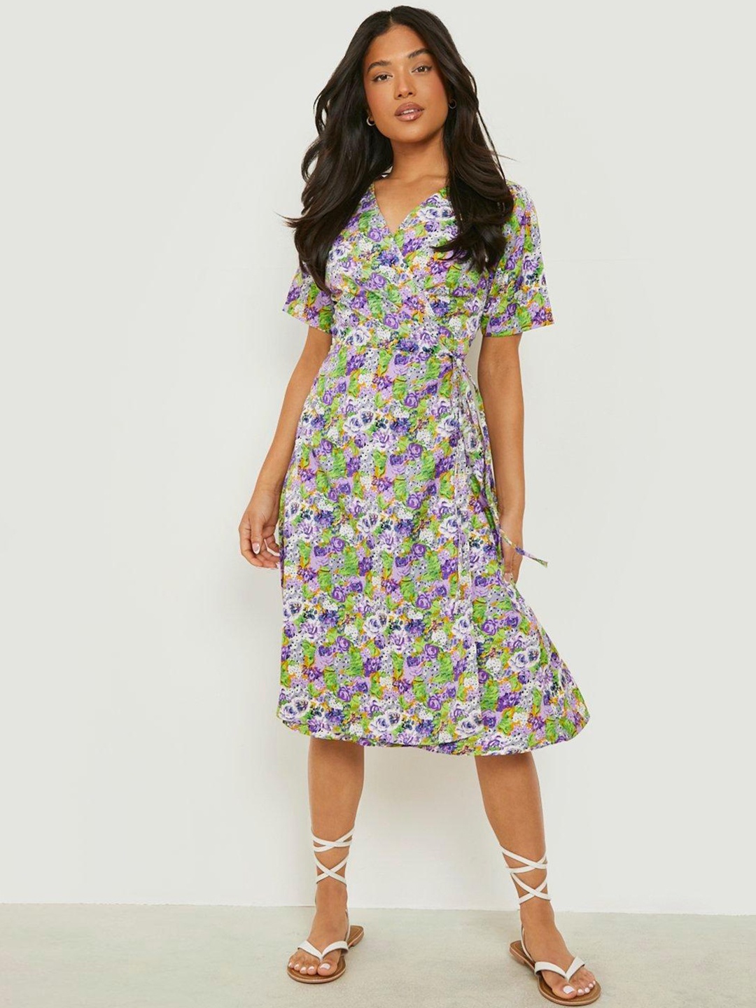 

Boohoo Petite Floral Print Midi Wrap Dress, Purple