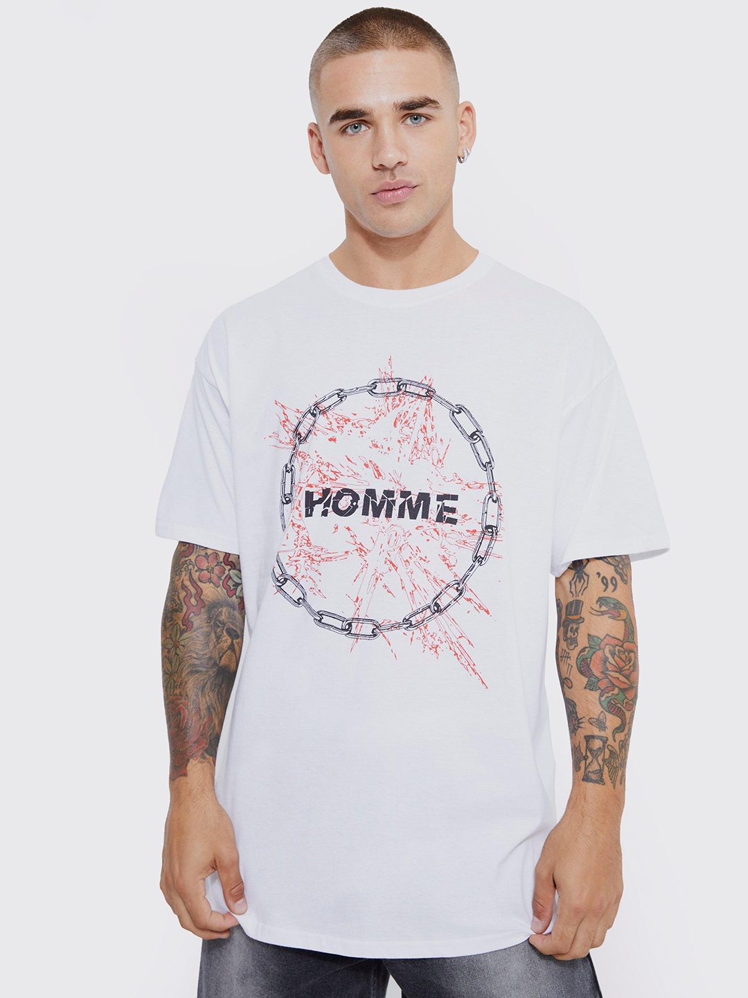 

boohooMAN Typography & Graphic Printed Pure Cotton Oversized T-shirt, White