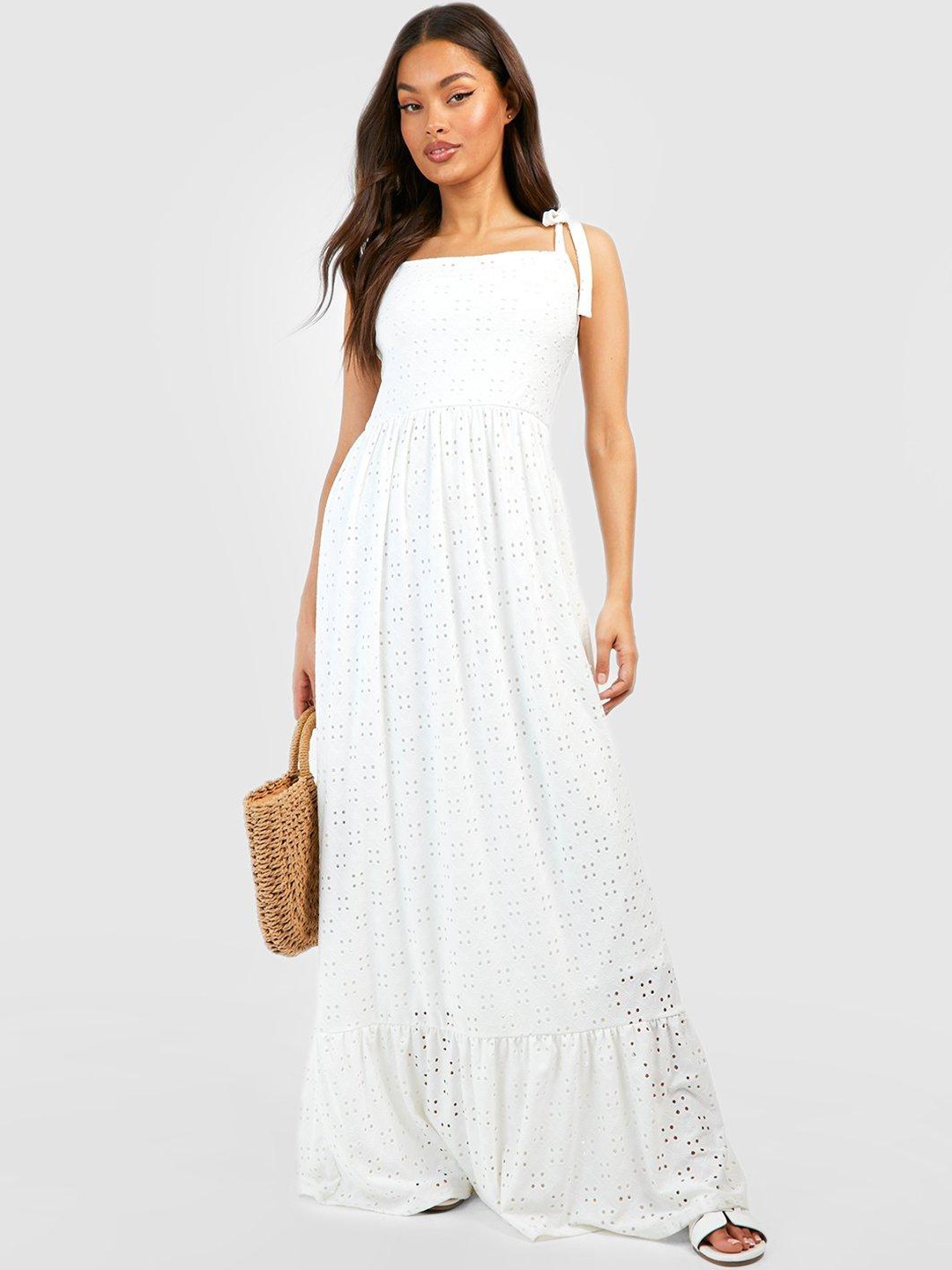 

Boohoo Schiffli Embroidered Tie-Up Shoulder Straps Maxi Dress, White