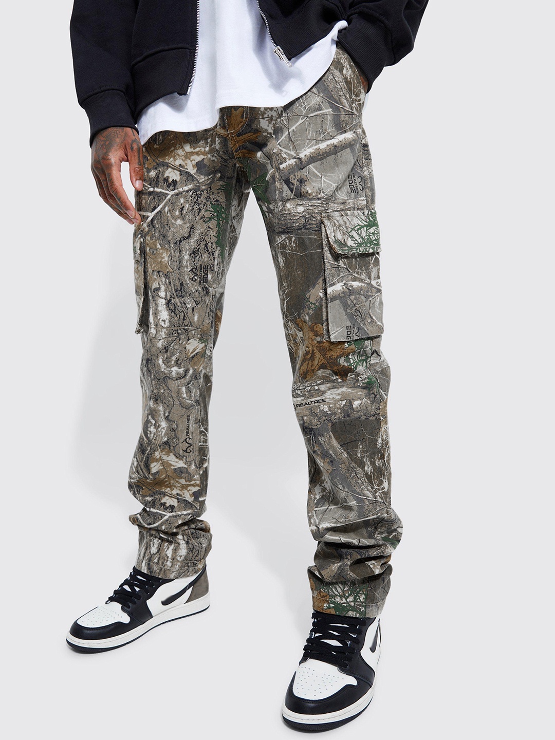 

boohooMAN Cotton Printed Cargos Trousers, Beige