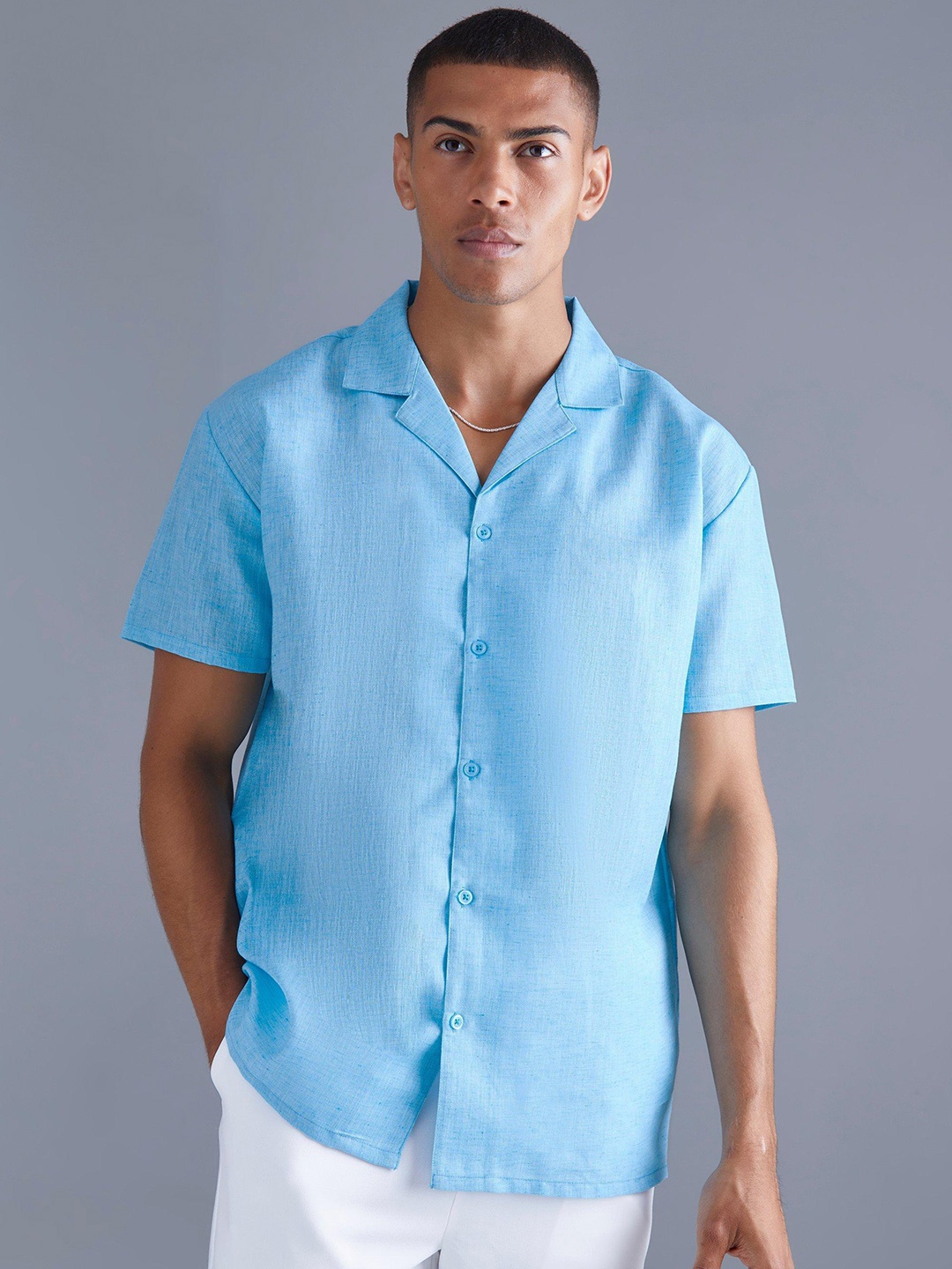 

boohooMAN Cuban Collar Oversized Shirt, Blue