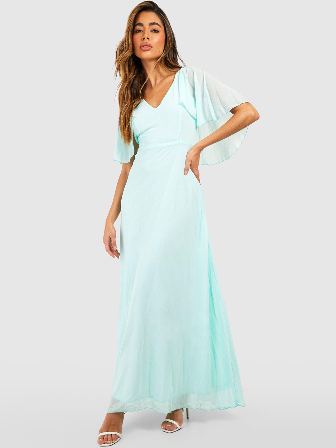 

Boohoo Cape Sleeve Chiffon A-Line Maxi Dress, Blue