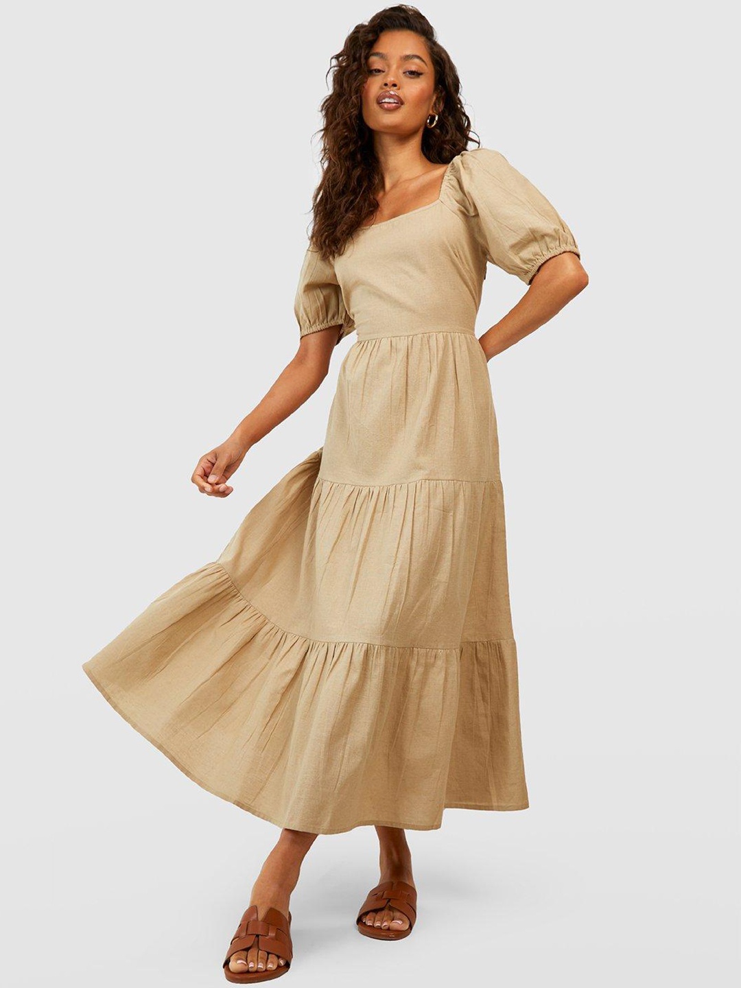 

Boohoo Poplin Pure Cotton A-Line Midi Dress, Beige