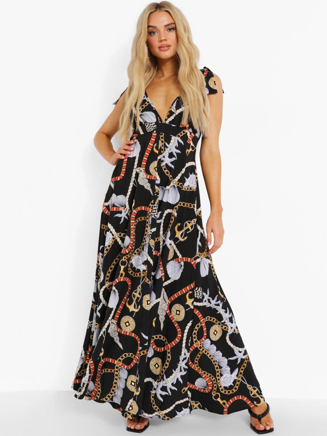 

Boohoo Print Tie-Up Shoulder A-Line Maxi Dress, Black