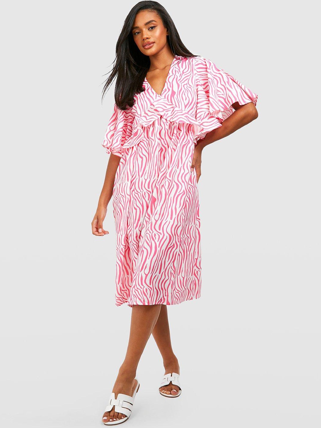 

Boohoo Animal Print Empire Midi Dress, Pink