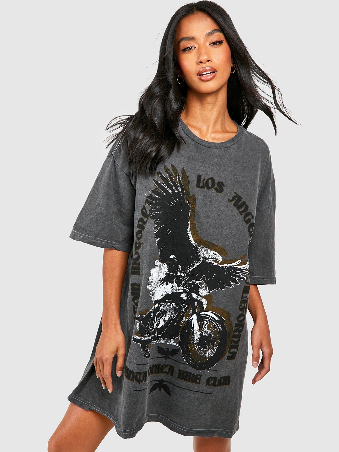 

Boohoo Petite Motorcycle Slogan Print T-shirt Oversized Dress, Charcoal