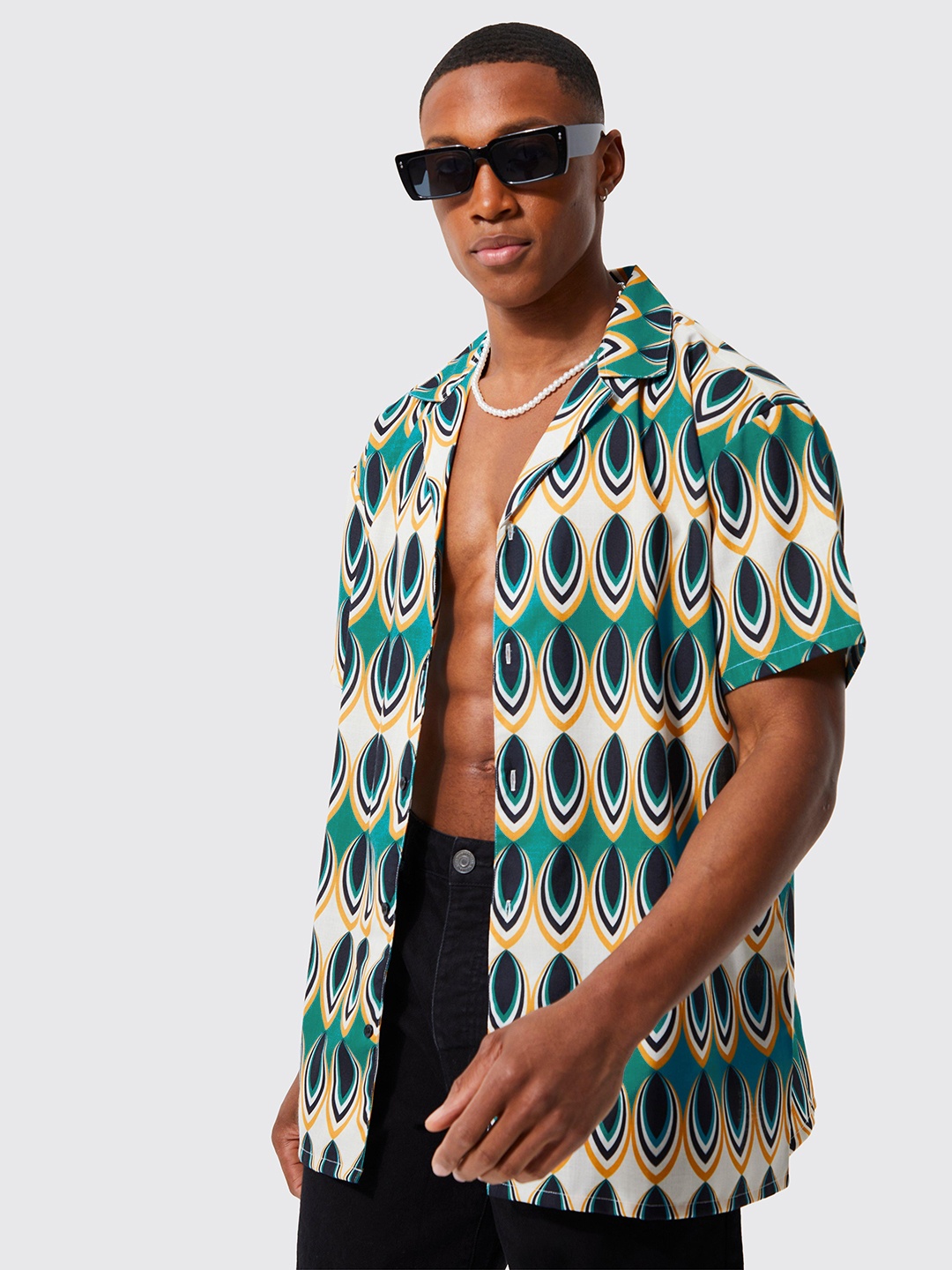 

boohooMAN Geometric Printed Oversized Shirt, Blue