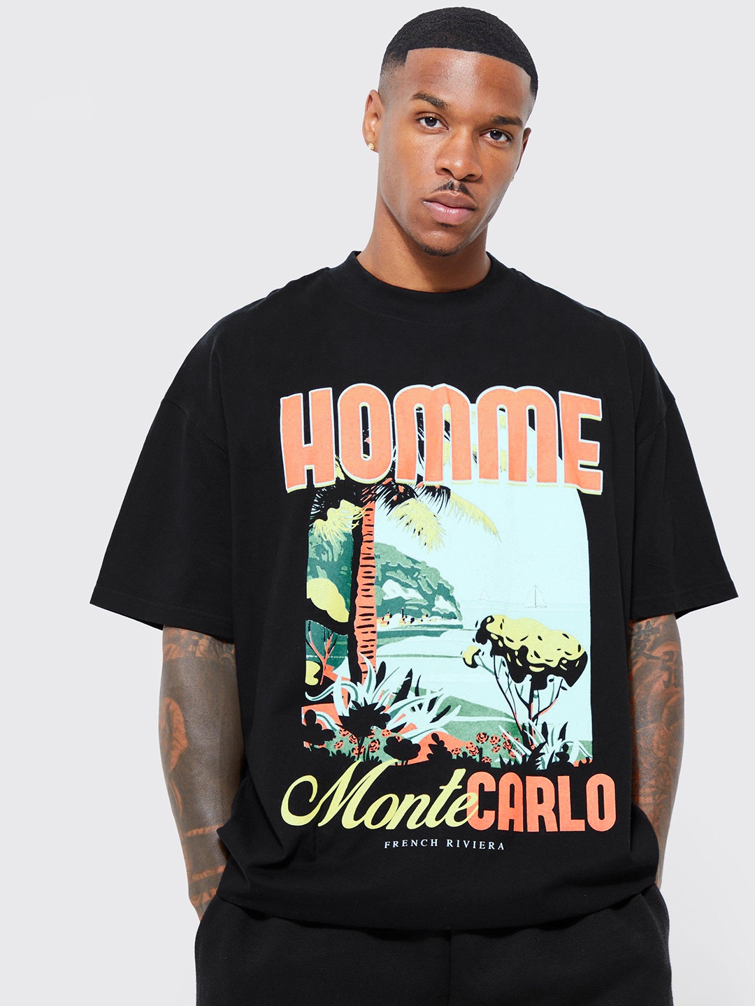 

boohooMAN Typography & Graphic Printed Pure Cotton Oversized T-shirt, Black