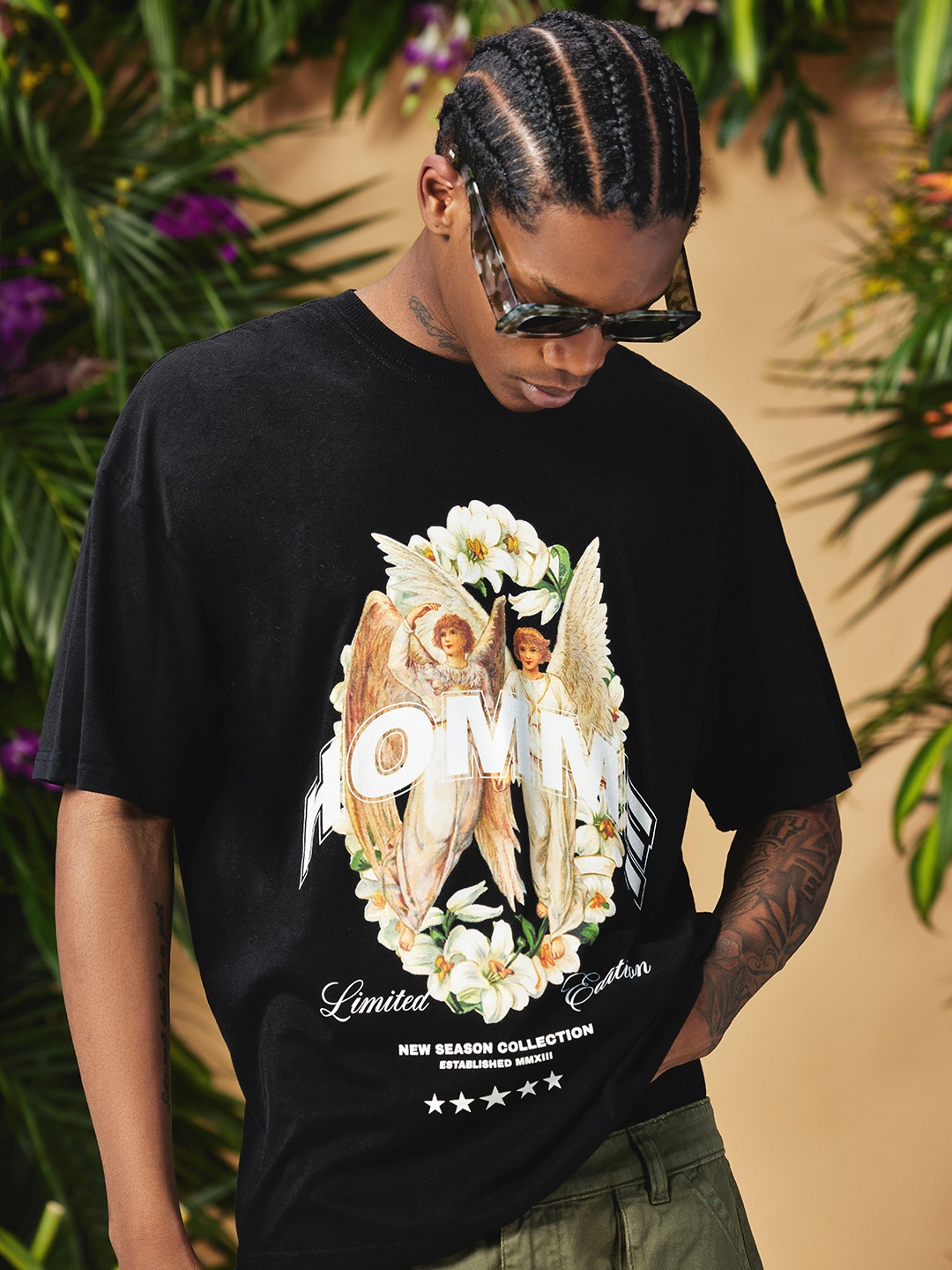 boohooMAN Printed Oversized Pure Cotton T-shirt, Black