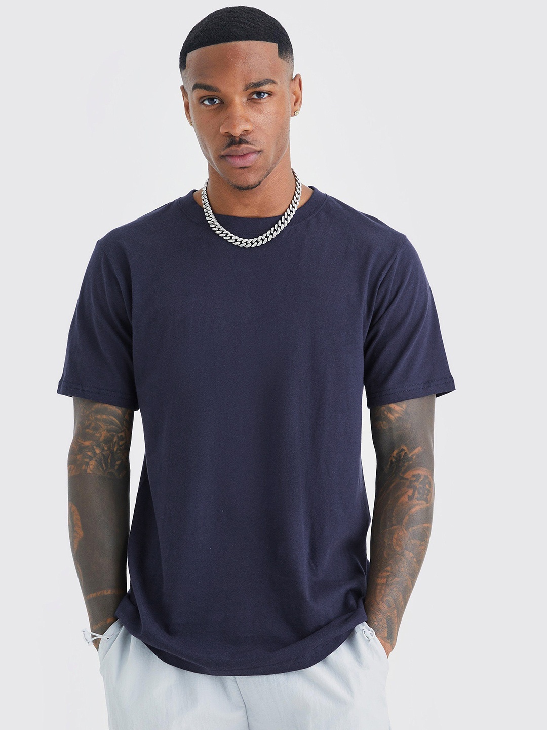 boohooMAN Typography Printed Back Pure Cotton T-shirt, Navy blue